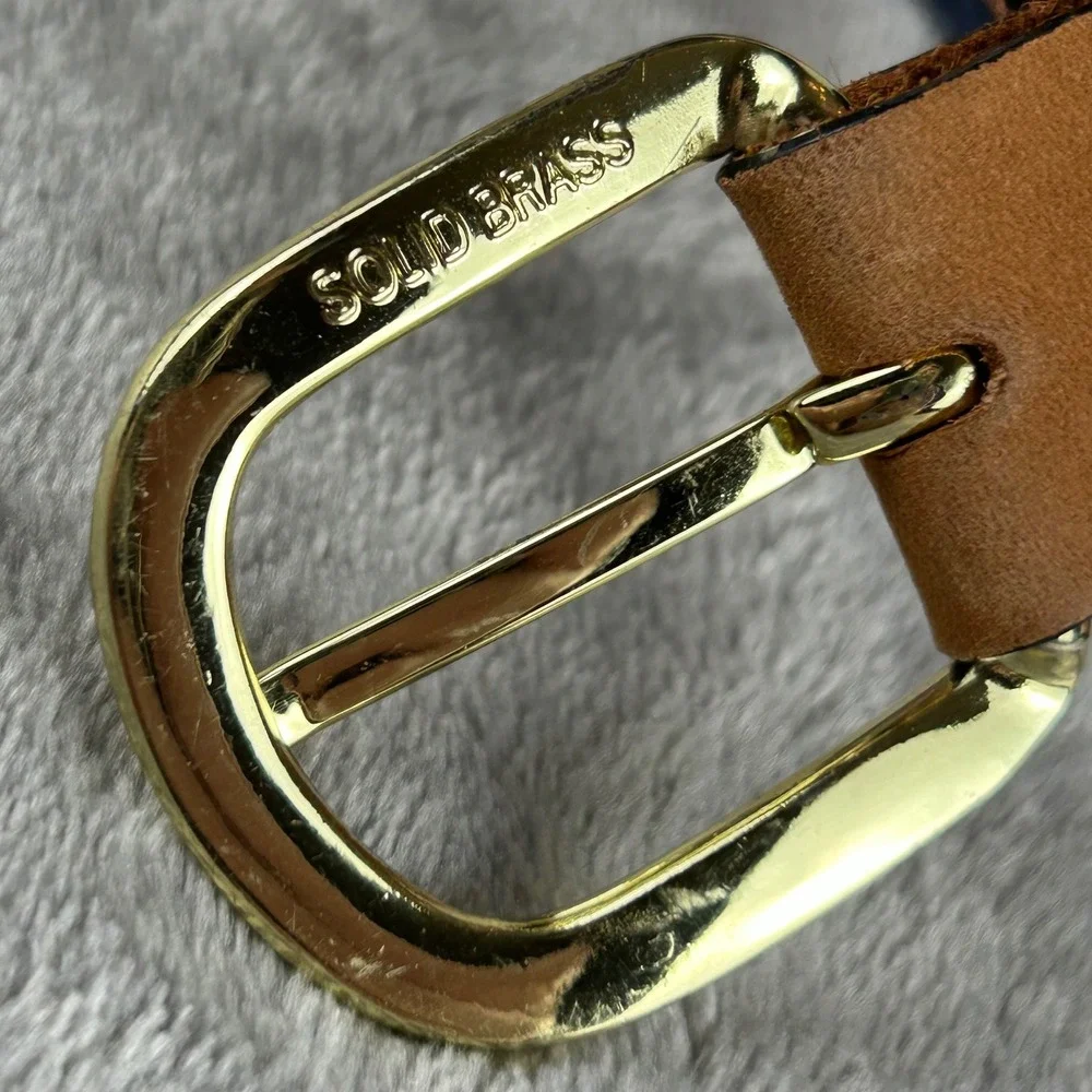 West Marine Mens Sailboat Embroidered Leather Canvas Belt Navy Tan Size 44 Brass